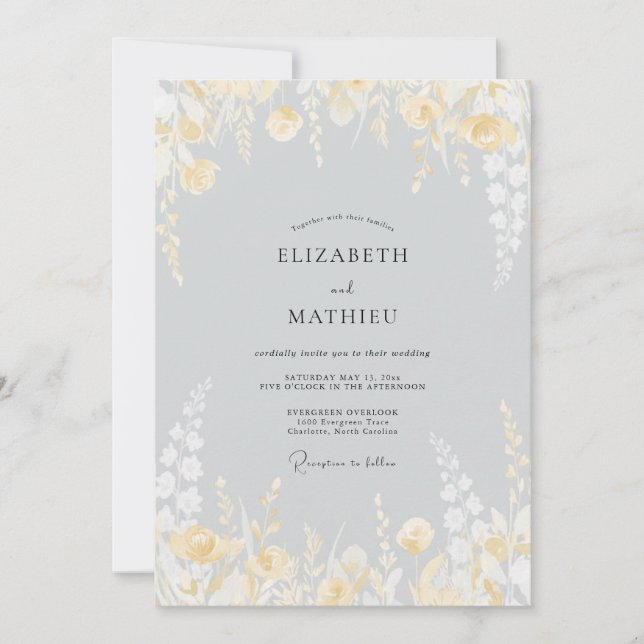 Invitation Mariage Fleur de Pâle Or Argenté (Devant)
