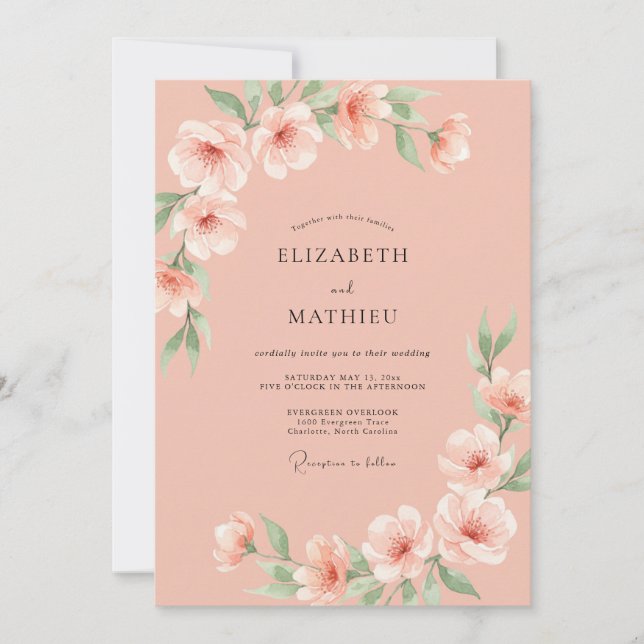 Invitation Mariage Fleur de Pêche Aérienne (Devant)