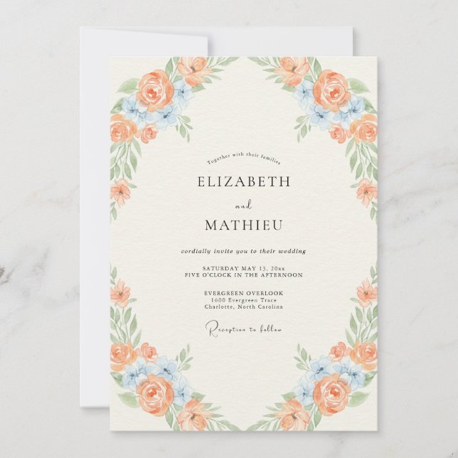 Invitation Mariage Fleur de Pêche Azur (Devant)