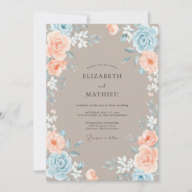 Invitation Mariage Fleur de Pêche Bleu Poussiéreux (Devant)