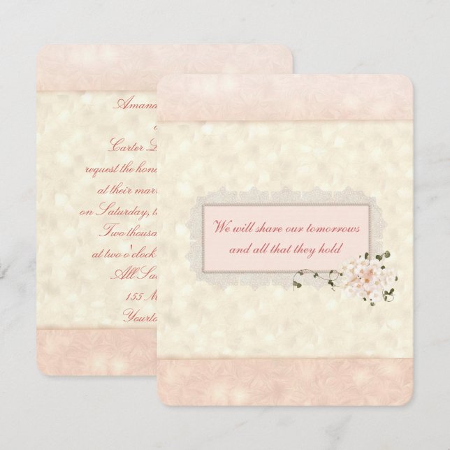Invitation Mariage Fleur de Pêche et Dentelle (Devant / Derrière)
