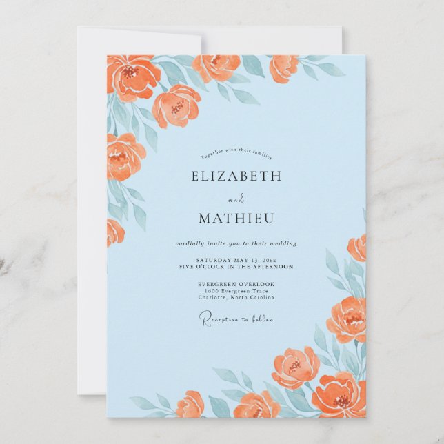 Invitation Mariage Fleur de Pêcher Bleu Poudre (Devant)
