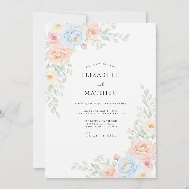 Invitation Mariage Fleur de Pêcher Douce Azur (Devant)