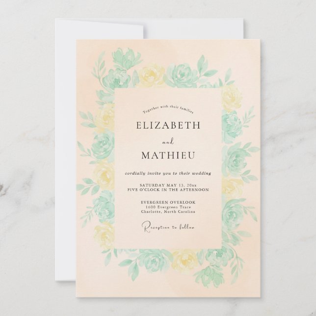 Invitation Mariage Fleur de Pêcher Douce Menthe (Devant)