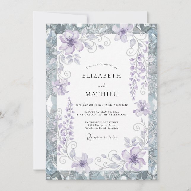 Invitation Mariage Fleur de Periwinkle Argenté (Devant)