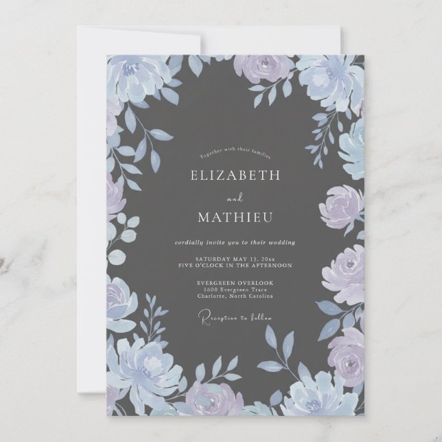 Invitation Mariage Fleur de Pervenche Charbon de Bois (Devant)