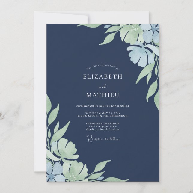 Invitation Mariage Fleur de Pervenche de Minuit (Devant)
