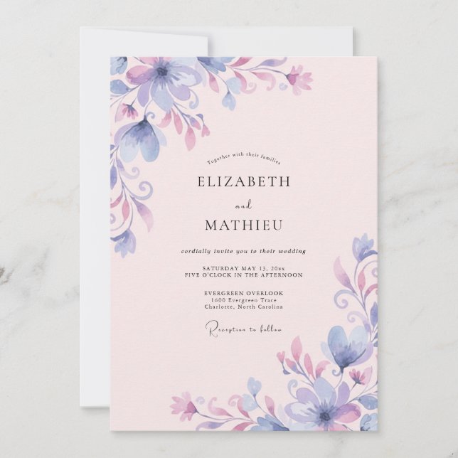 Invitation Mariage Fleur de Pervenche Lavande (Devant)