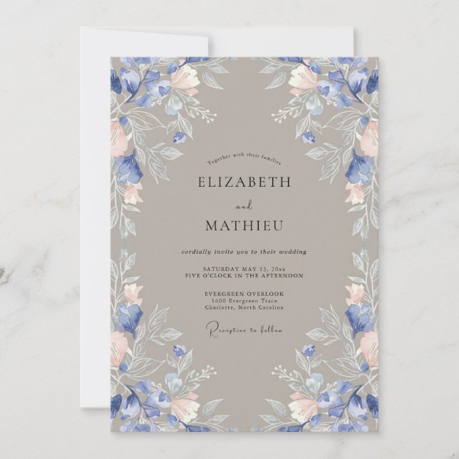 Invitation Mariage Fleur de Pervenche Taupe Rustique (Devant)