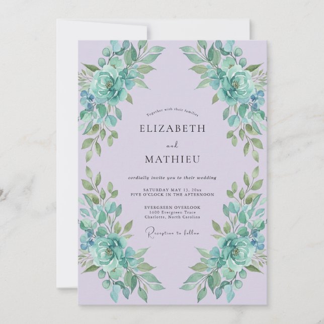 Invitation Mariage Fleur de Pétale Aqua Lavande (Devant)