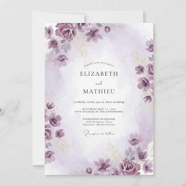 Invitation Mariage Fleur de Pétale Peinte d'Améthyste de Prai (Devant)
