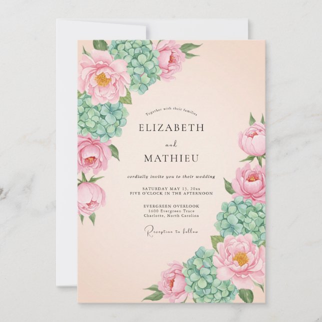 Invitation Mariage Fleur de Pivoine Corail (Devant)