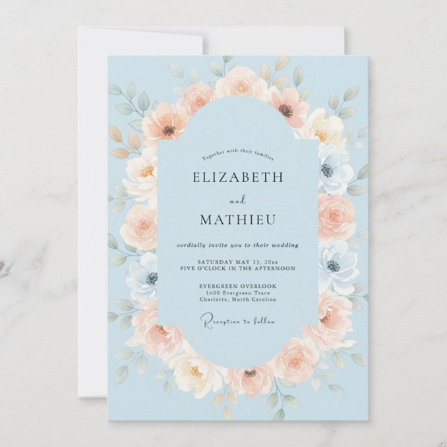 Invitation Mariage Fleur de Pivoine Corail Céleste (Devant)