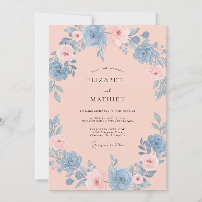 Invitation Mariage Fleur de Pivoine Corail Pervenche (Devant)