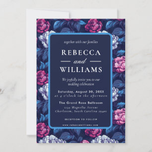 Invitation Mariage Fleur de Pivoines Bleu Boho Rose