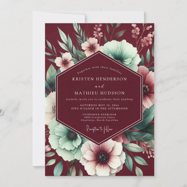 Invitation Mariage Fleur de Poésie Menthe Bordeaux (Devant)