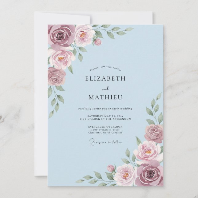 Invitation Mariage Fleur de Poudre de Bleu Blush (Devant)