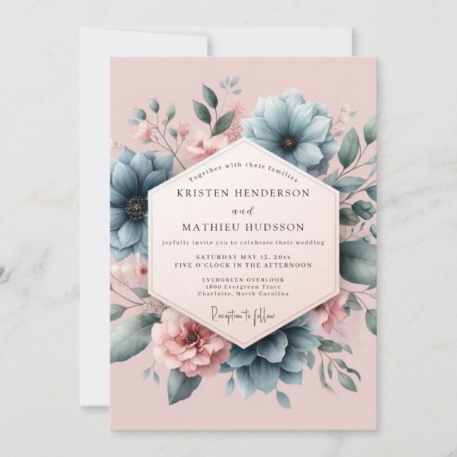 Invitation Mariage Fleur de Poudre de Bleu Blush (Devant)
