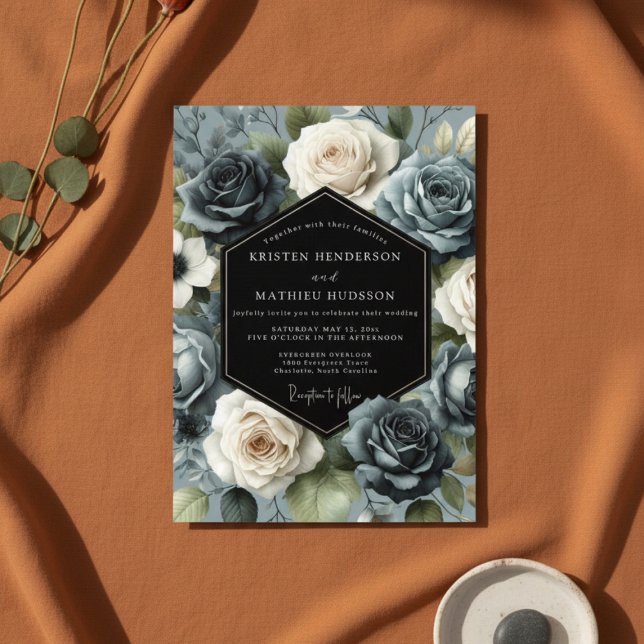 Invitation Mariage Fleur de Rose Bleu Ardoise (Créateur téléchargé)