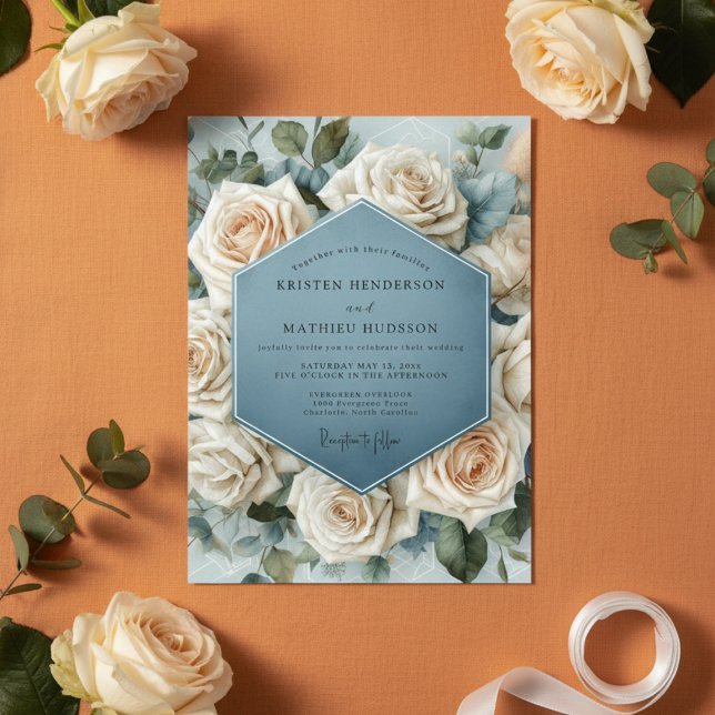 Invitation Mariage Fleur de Rose Bleu Brumeux (Créateur téléchargé)
