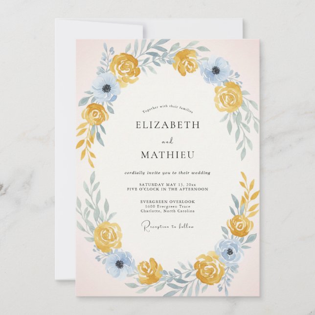 Invitation Mariage Fleur de Rose Bleu Ciel (Devant)