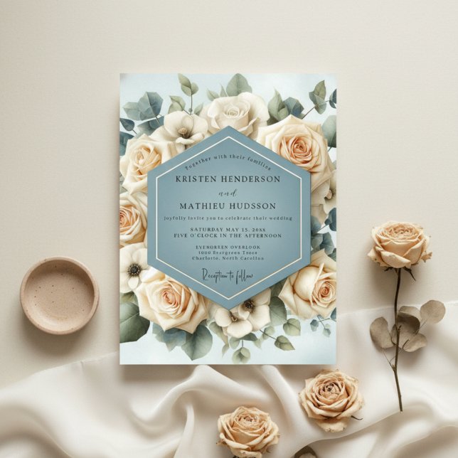 Invitation Mariage Fleur de Rose Bleu Poussiéreux (Créateur téléchargé)