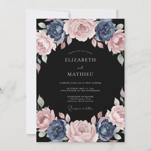 Invitation Mariage Fleur de Rose Bleu Poussiéreux (Devant)