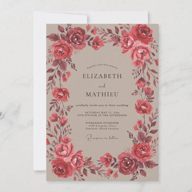 Invitation Mariage Fleur de Rose Chaude Cramoisi (Devant)