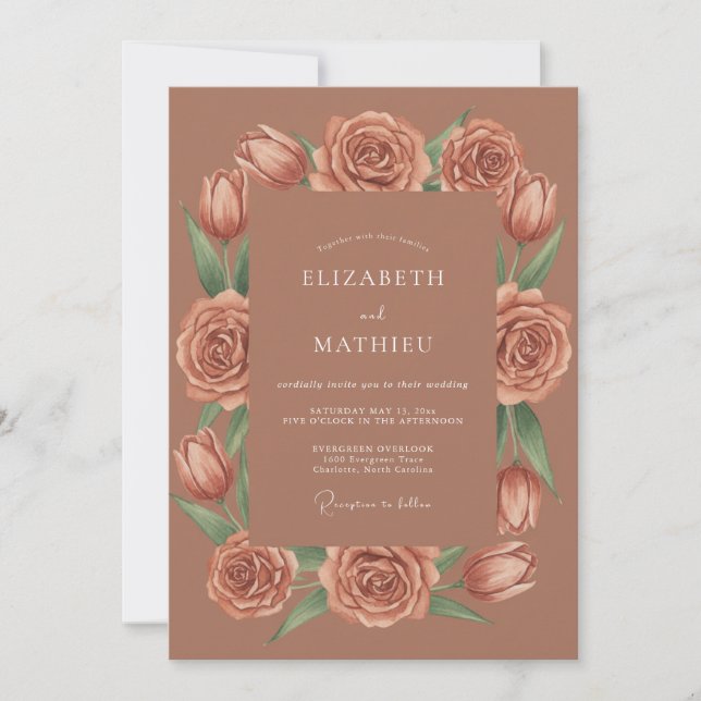 Invitation Mariage Fleur de Rose en Terracotta (Devant)