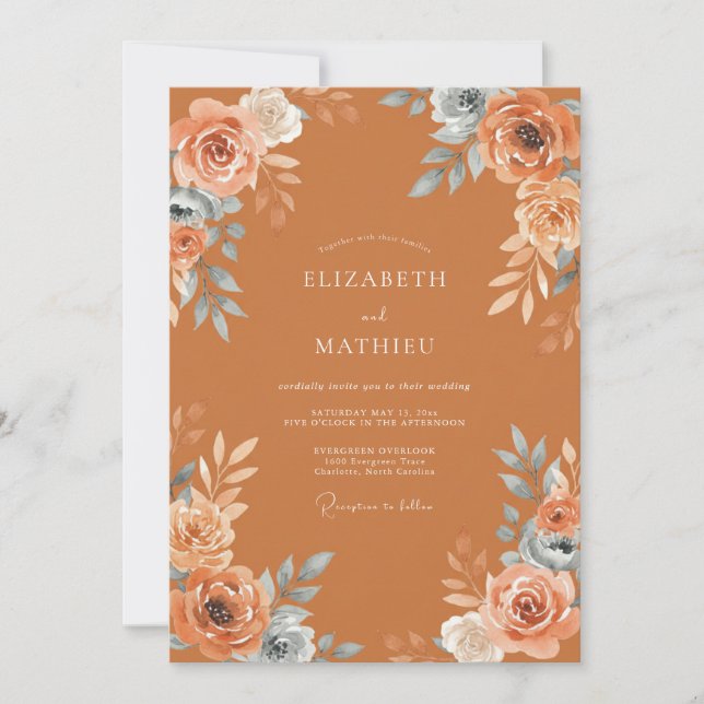 Invitation Mariage Fleur de Rose en Terracotta (Devant)