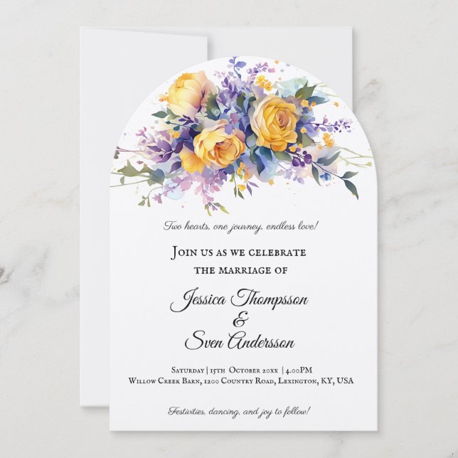Invitation Mariage Fleur de Rose Jaune Romantique Moderne (Devant)