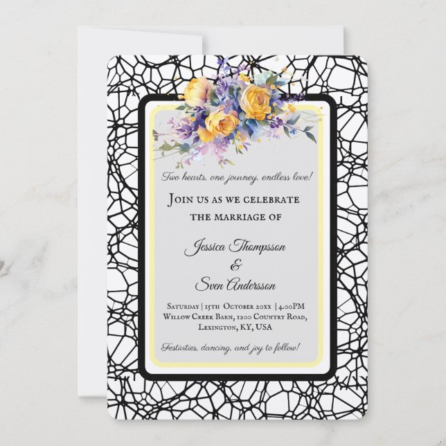 Invitation Mariage Fleur de Rose Jaune Romantique Moderne (Devant)