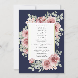 Invitation Mariage Fleur de Rose Poussiéreuse Bleu de Nuit Or