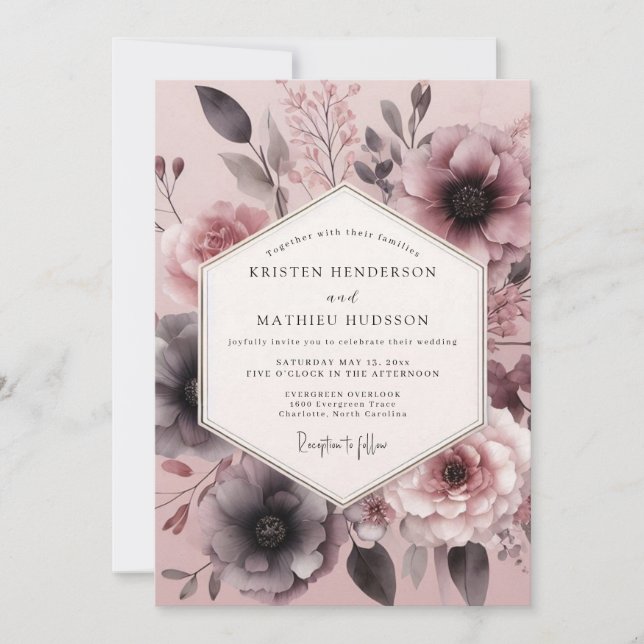 Invitation Mariage Fleur de Rose Poussiéreuse et Sombre (Devant)