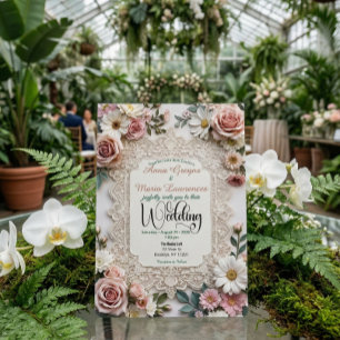Invitation Mariage Fleur de Rose Poussiéreuse Fausse Dentelle