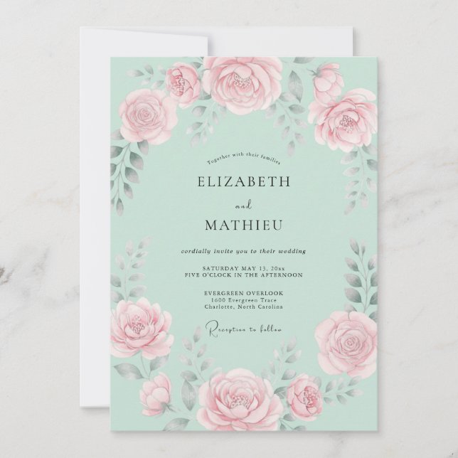 Invitation Mariage Fleur de Rose Rose Menthe (Devant)