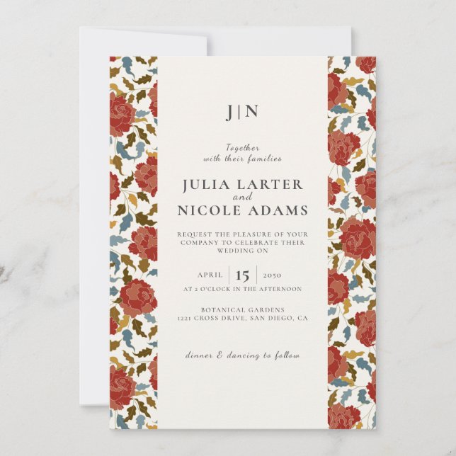 Invitation Mariage Fleur de Rose Rouge Dorée Élégante Poussié (Devant)
