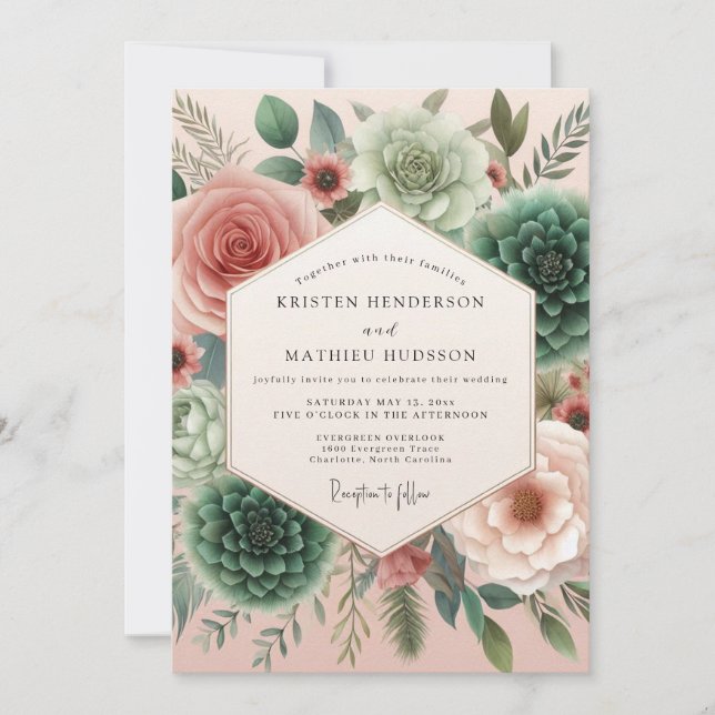 Invitation Mariage Fleur de Rose sarcelle (Devant)