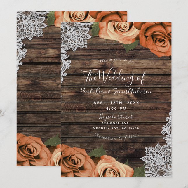 Invitation Mariage Fleur de Roses Épice Orange Bois Rustique  (Devant / Derrière)