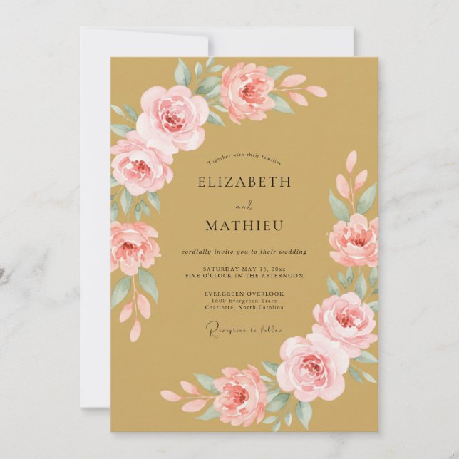 Invitation Mariage Fleur de Rosier Doux Or (Devant)