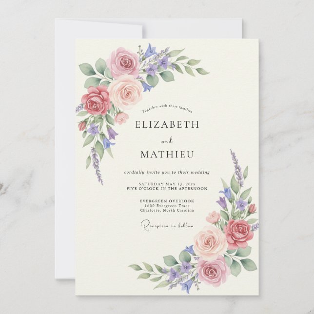 Invitation Mariage Fleur de Rosier Poussiéreux (Devant)