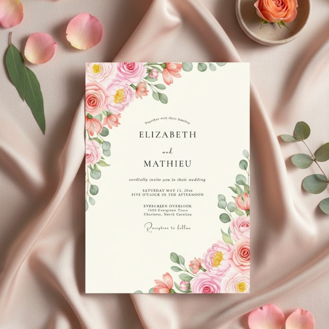 Invitation Mariage Fleur de Rosier Rose Aquarelle (Créateur téléchargé)