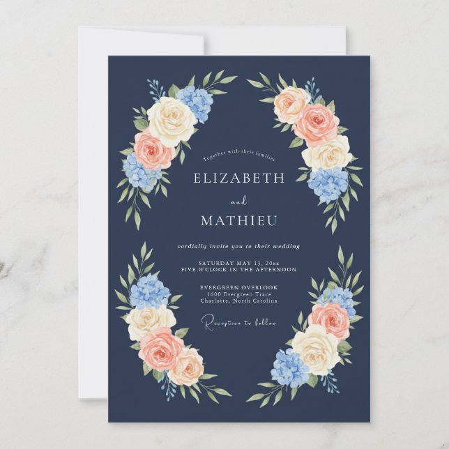 Invitation Mariage Fleur de Rosier Rose Navy (Devant)