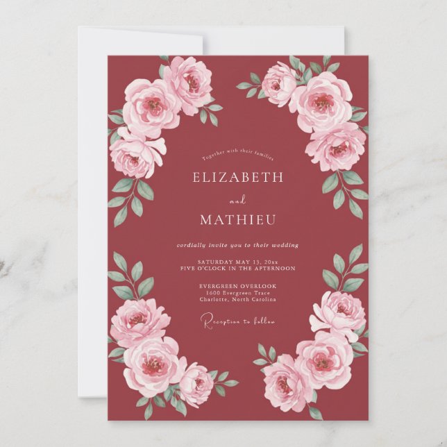 Invitation Mariage Fleur de Rosier Rouge Cramoisi (Devant)