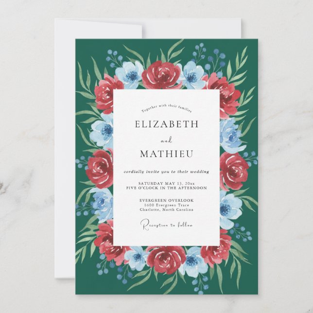 Invitation Mariage Fleur de Rosier Vert Profond (Devant)