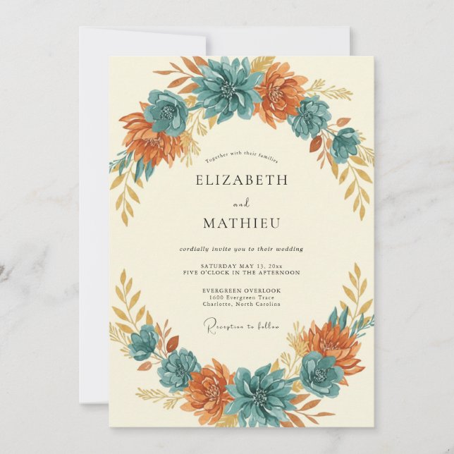 Invitation Mariage Fleur de Rouille Turquoise (Devant)