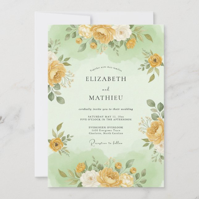 Invitation Mariage Fleur de Sage Vert Doré (Devant)
