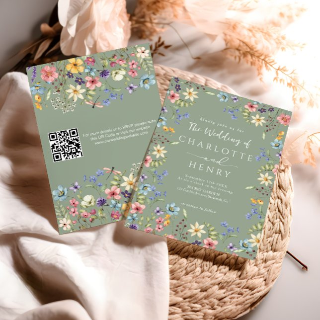 Invitation  Mariage Fleur de Sauvage Vert Sauge Code QR Moder (Créateur téléchargé)