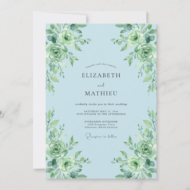 Invitation Mariage Fleur de Succulente Bleu Ciel (Devant)