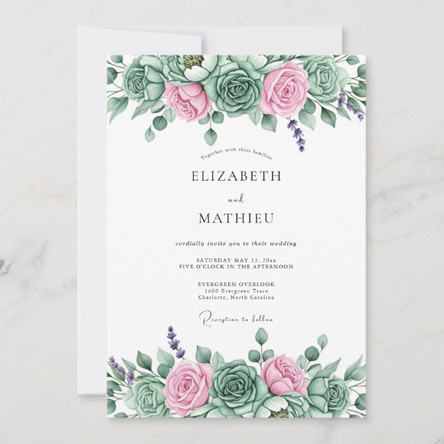 Invitation Mariage Fleur de Succulente Rose Sauge (Devant)